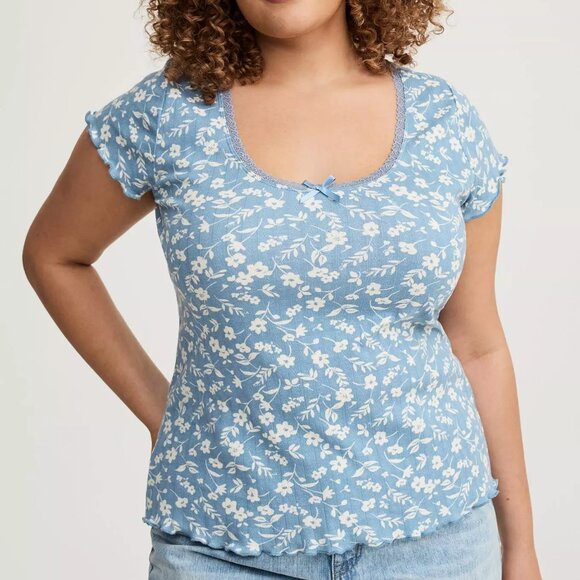 Torrid Top 4X Blue Floral Pointelle Lace Trim Scoop Neck Plus Size Tee T-Shirt - Picture 2 of 4